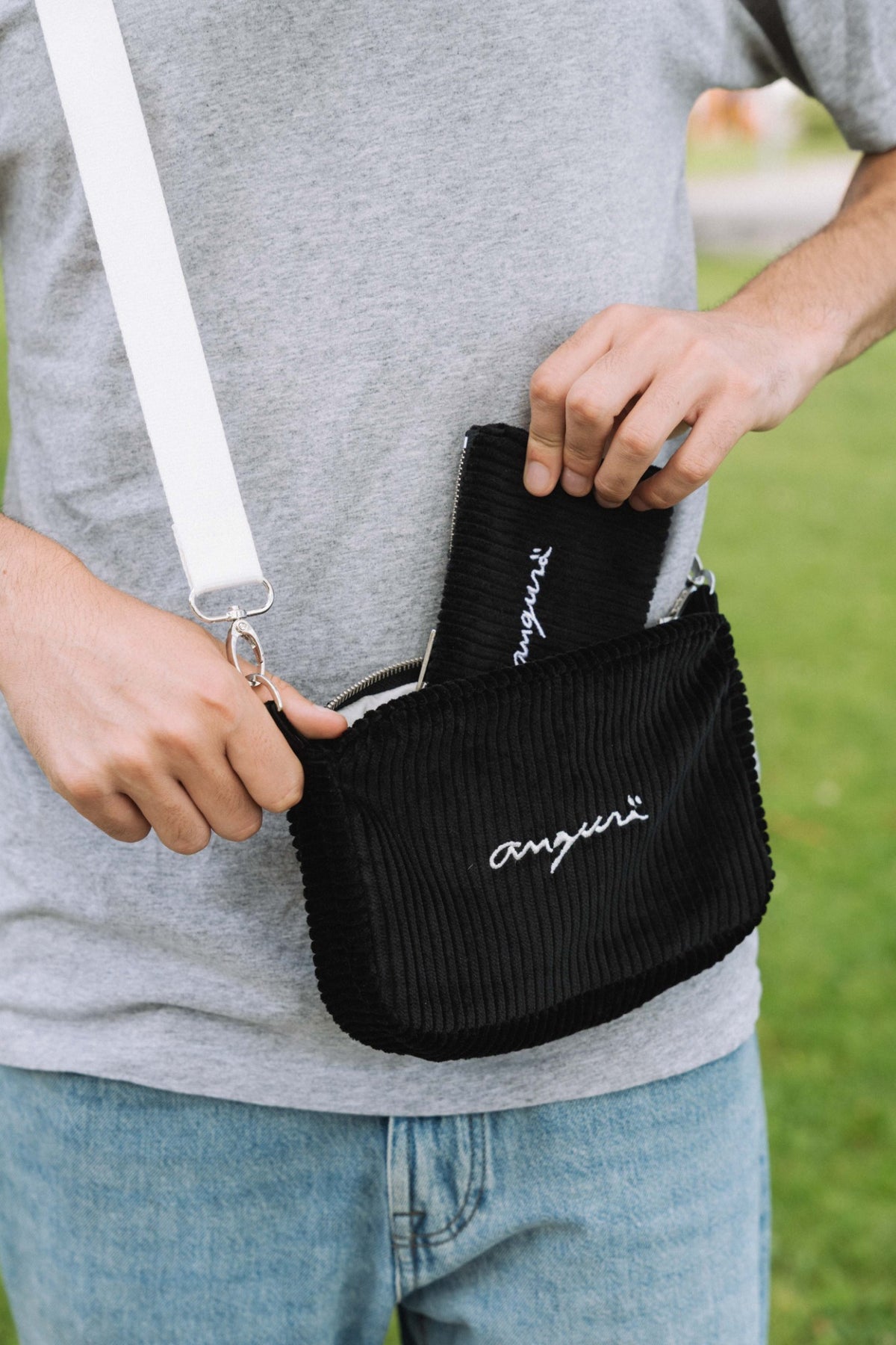Black corduroy crossbody bag, with matching wallet, sold separately