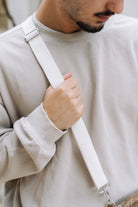 Camel corduroy crossbody bag, shoulder strap and metal clasp detail