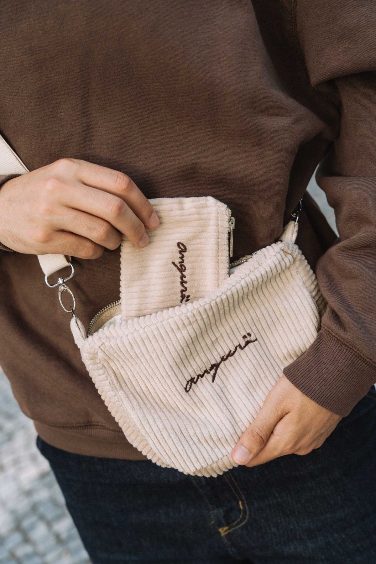 Cream corduroy crossbody bag, with matching wallet, sold separately
